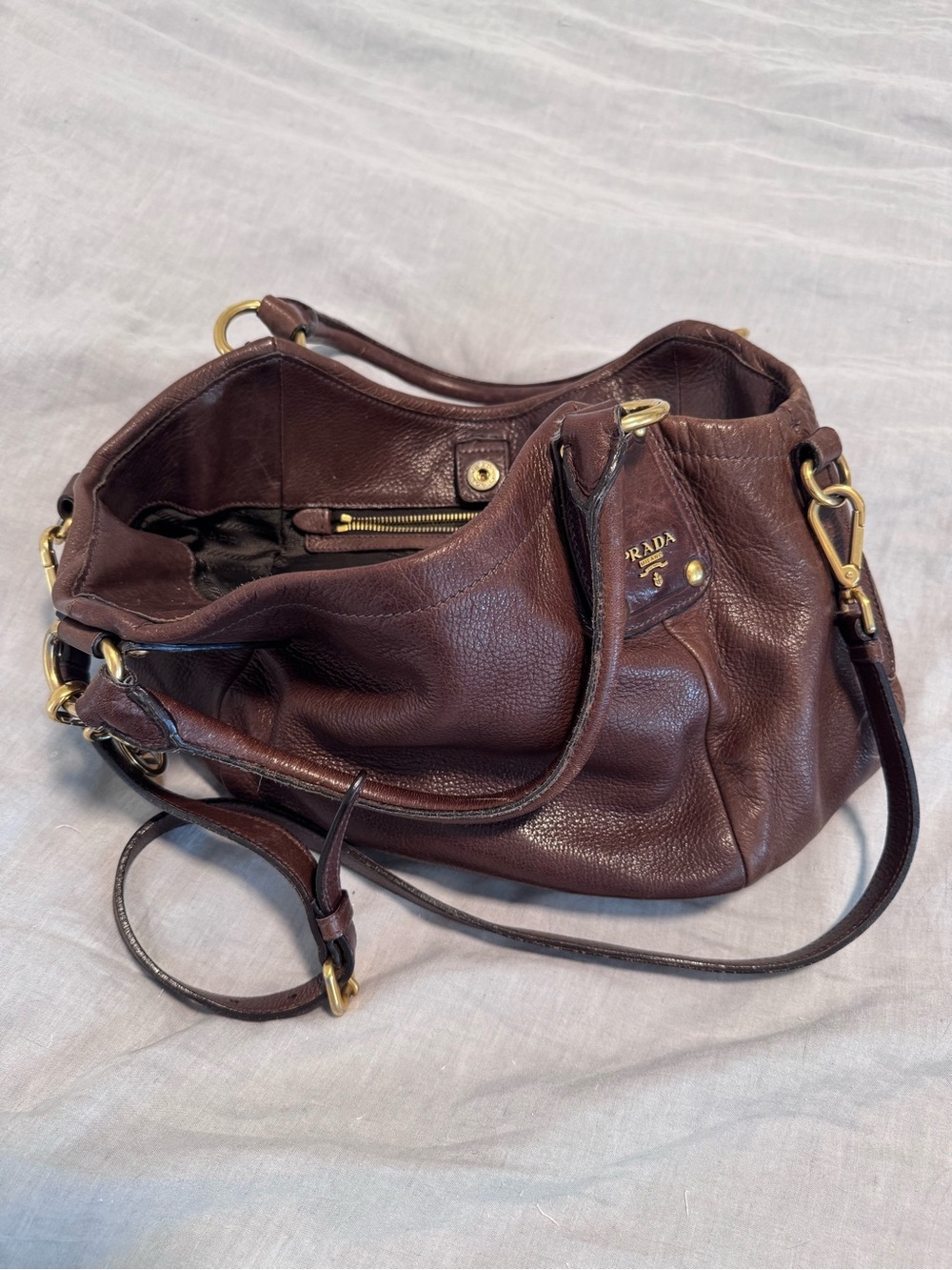 Prada Chocolate Brown Leather Shoulder Bag with Gold Hardware - Picture 2 of 5